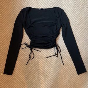 Zara Black Square Neck Cropped Long Sleeve Top
